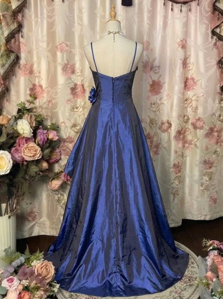 A-Line/Princess Spaghetti Straps Taffeta Prom Dresses Bowknot Vintage 80s Iridescent Dress Sleeveless FLoor-Length With 3D Flowers&Wrap