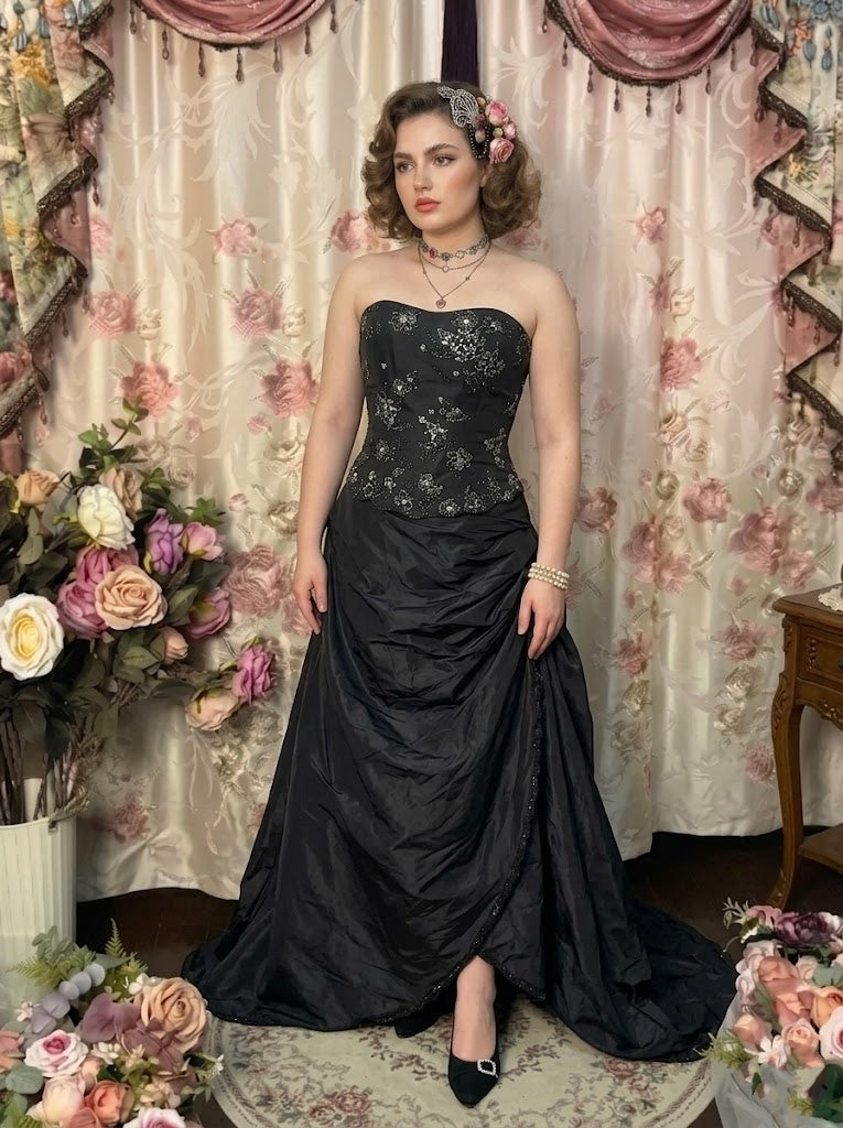 A-Line/Princess Strapless Taffeta Prom Dresses Vintage 80s Iridescent Dress Sleeveless FLoor-Length Floral