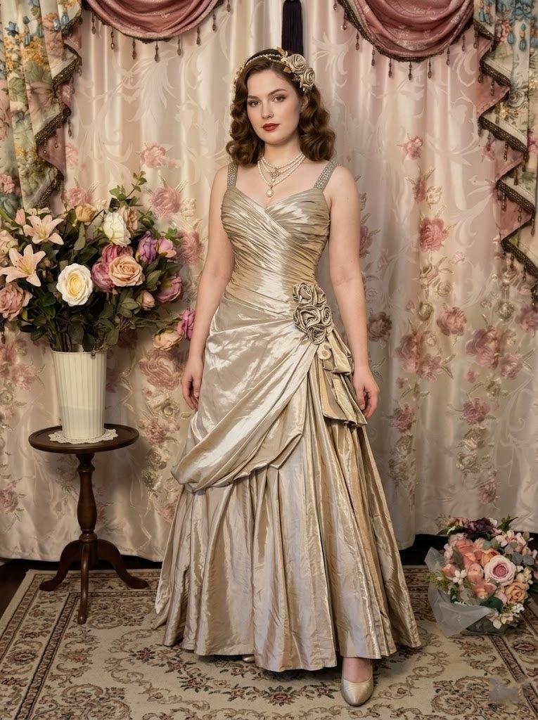 A-Line/Princess Spaghetti Straps Taffeta Prom Dresses Vintage 80s Iridescent Dress Sleeveless FLoor-Length With 3D Flowers