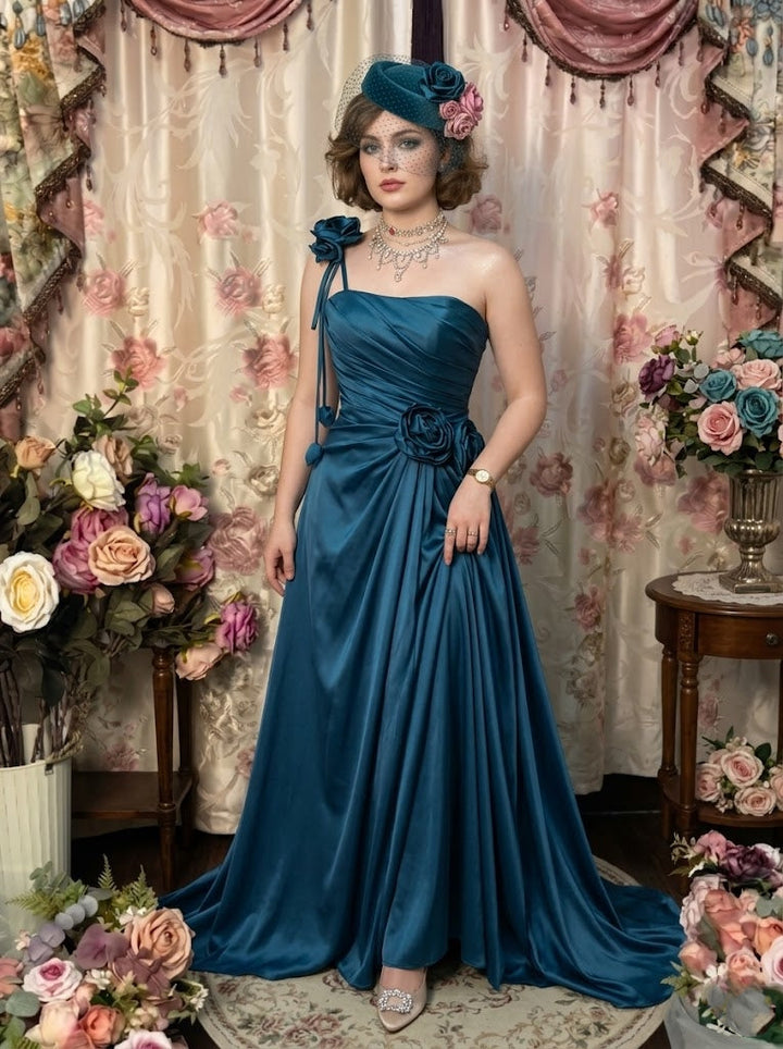 A-Line/Princess One-Shoulder Taffeta Prom Dresses Vintage 80s Iridescent Dress Sleeveless FLoor-Length Ruched With 3D Flowers