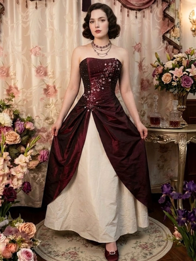 A-Line/Princess Strapless Taffeta Prom Dresses Vintage 80s Iridescent Dress Sleeveless FLoor-Length Sequins Floral