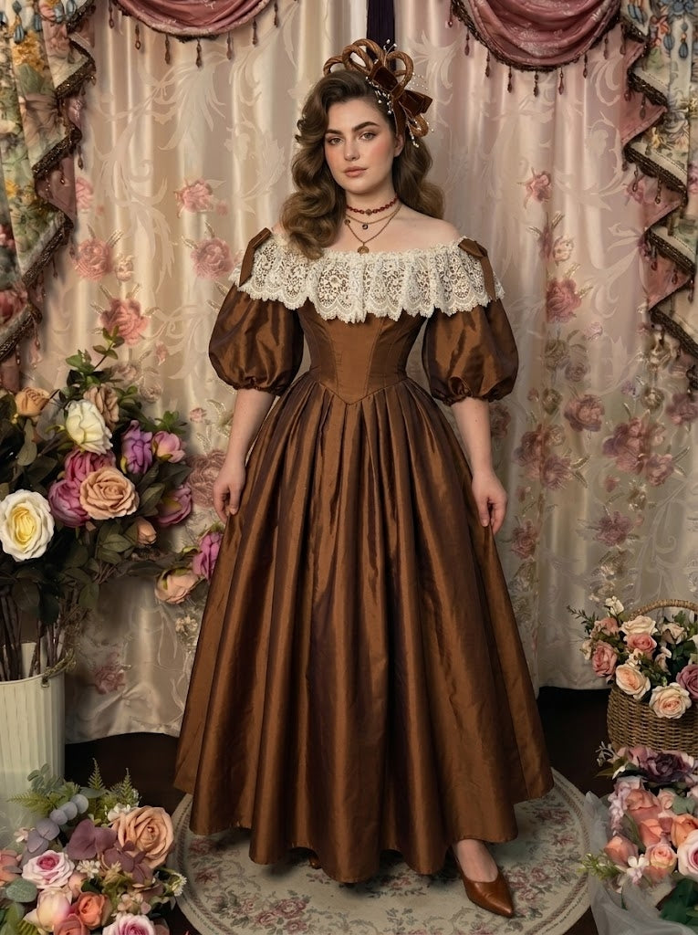 A-Line/Princess Off-the-Shoulder Taffeta Prom Dresses Bowknot Vintage 80s Iridescent Dress Sleeveless FLoor-Length Lace