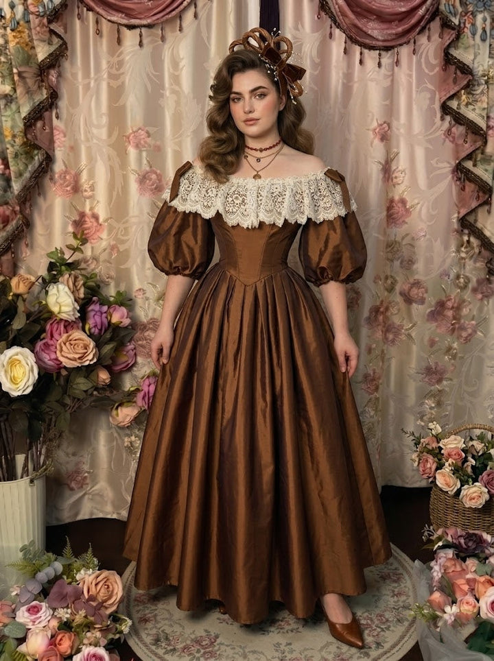 A-Line/Princess Off-the-Shoulder Taffeta Prom Dresses Bowknot Vintage 80s Iridescent Dress Sleeveless FLoor-Length Lace