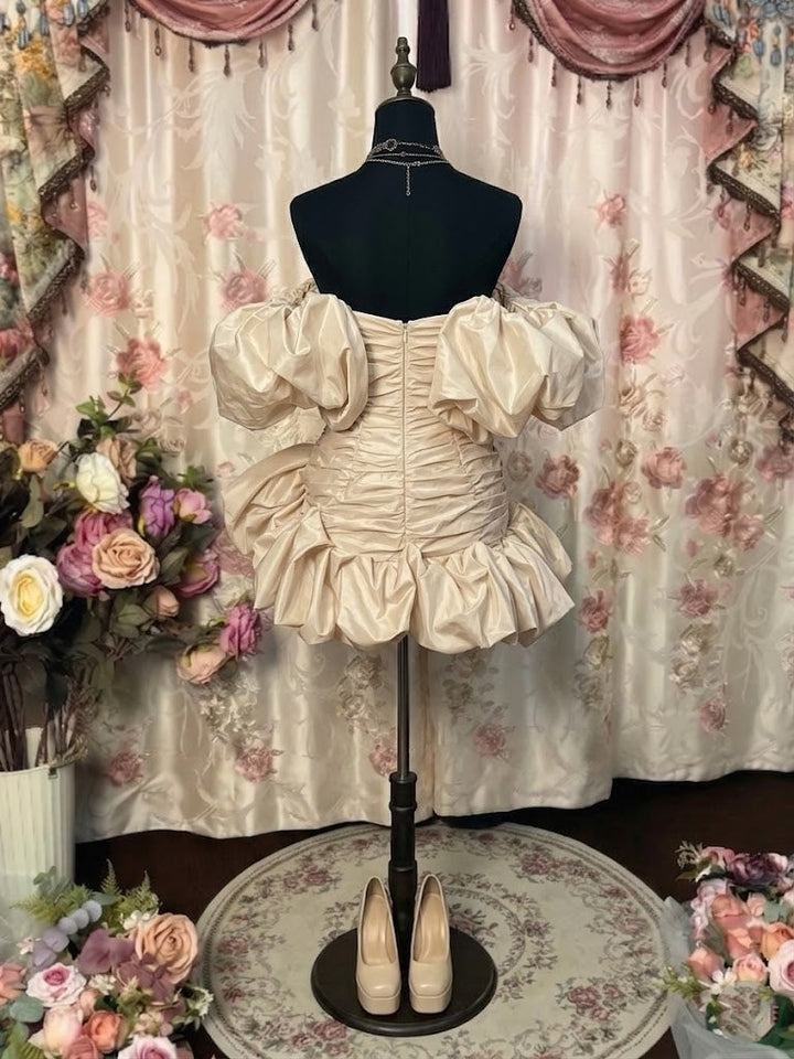 Ball Gown Off-the-Shoulder Taffeta Prom Mini Dresses Vintage 80s Iridescent Dress Sleeveless Ruched