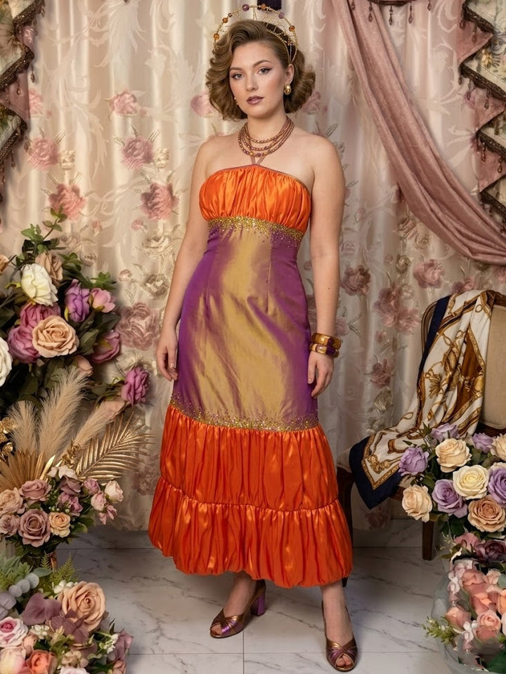 A-Line/Princess Halter Taffeta Prom Mini Dresses Vintage 80s Iridescent Dress Sleeveless Ankle-Length Sequins