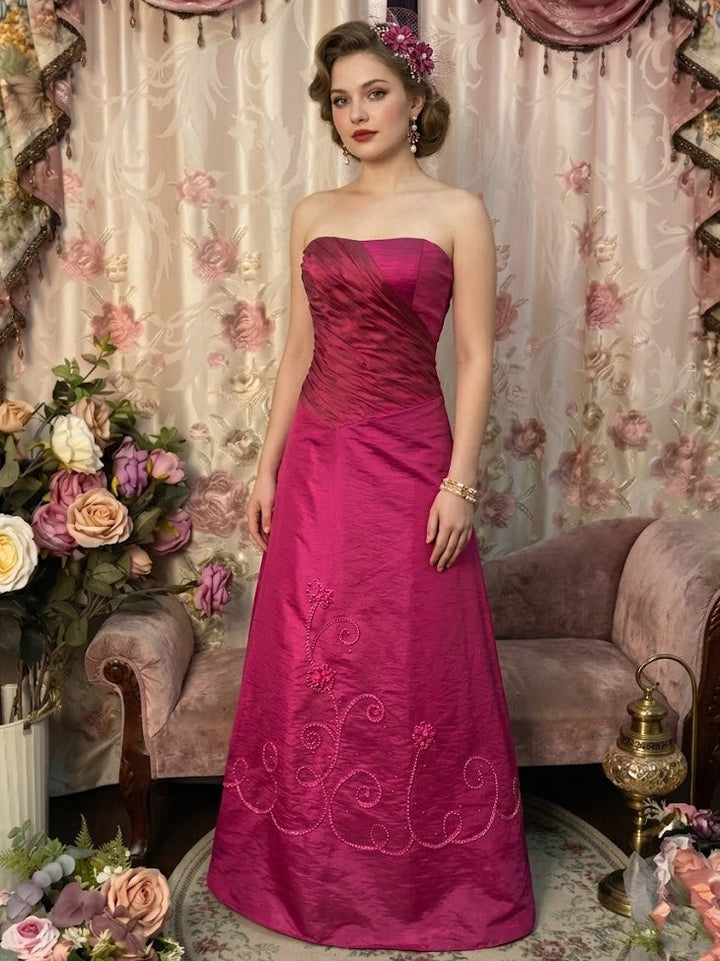 A-Line/Princess Strapless Taffeta Prom Dresses Vintage 80s Iridescent Dress Sleeveless FLoor-Length Embroidery