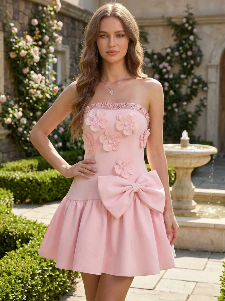 A-Line/Princess Strapless Stretch Satin Homecoming Dresses with 3D Flower Bowknot Sleeveless Short/Mini