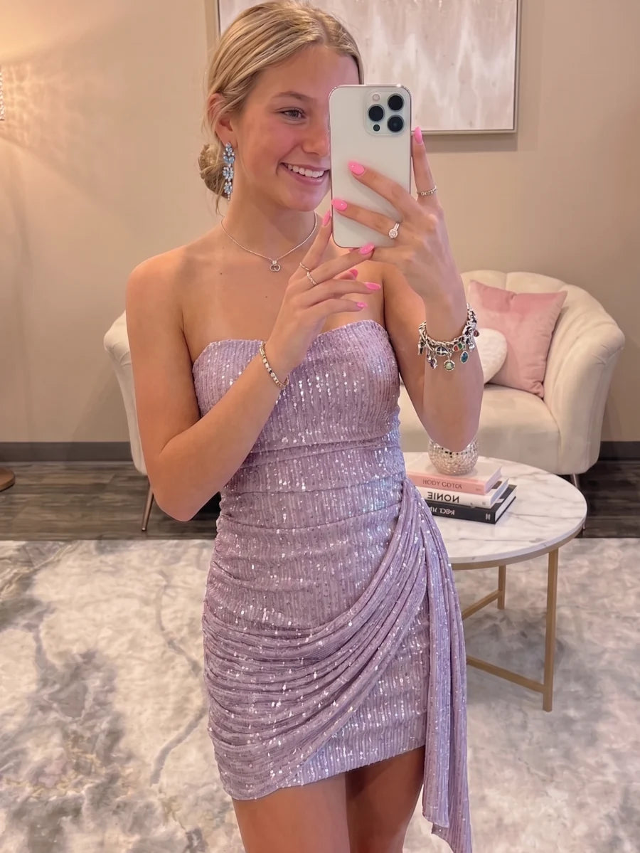 Sheath/Column Strapless Sequins Homecoming Dresses Sleeveless Short/Mini Ruffles