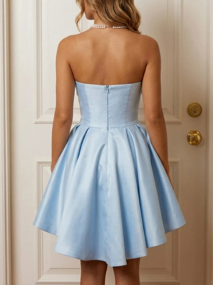 A-Line/Princess Strapless Satin Homecoming Dresses Short/Mini Sleeveless Ruffles