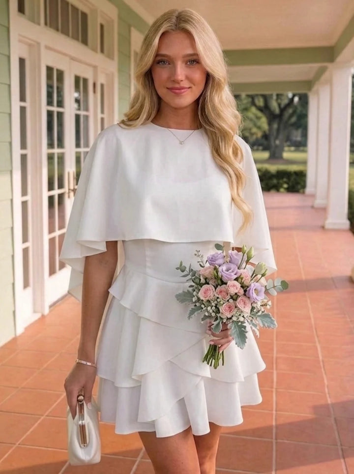 A-Line/Princess Scoop Silk Satin Homecoming Dresses Ruffles Cape Sleeves Short/Mini