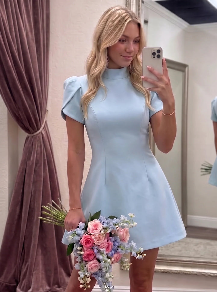 A-Line/Princess Mock Neck Stretch Satin Homecoming Dresses Short Sleeves Short/Mini
