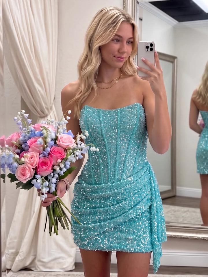 Sheath/Column Strapless Sequins Homecoming Dresses Sleeveless Short/Mini Ruched Ruffles
