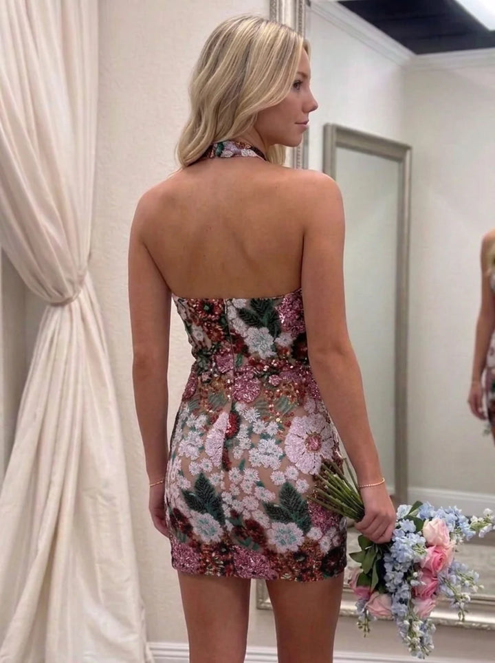 Sheath/Column Halter Sequins Homecoming Dresses Short/Mini Sleeveless Floral