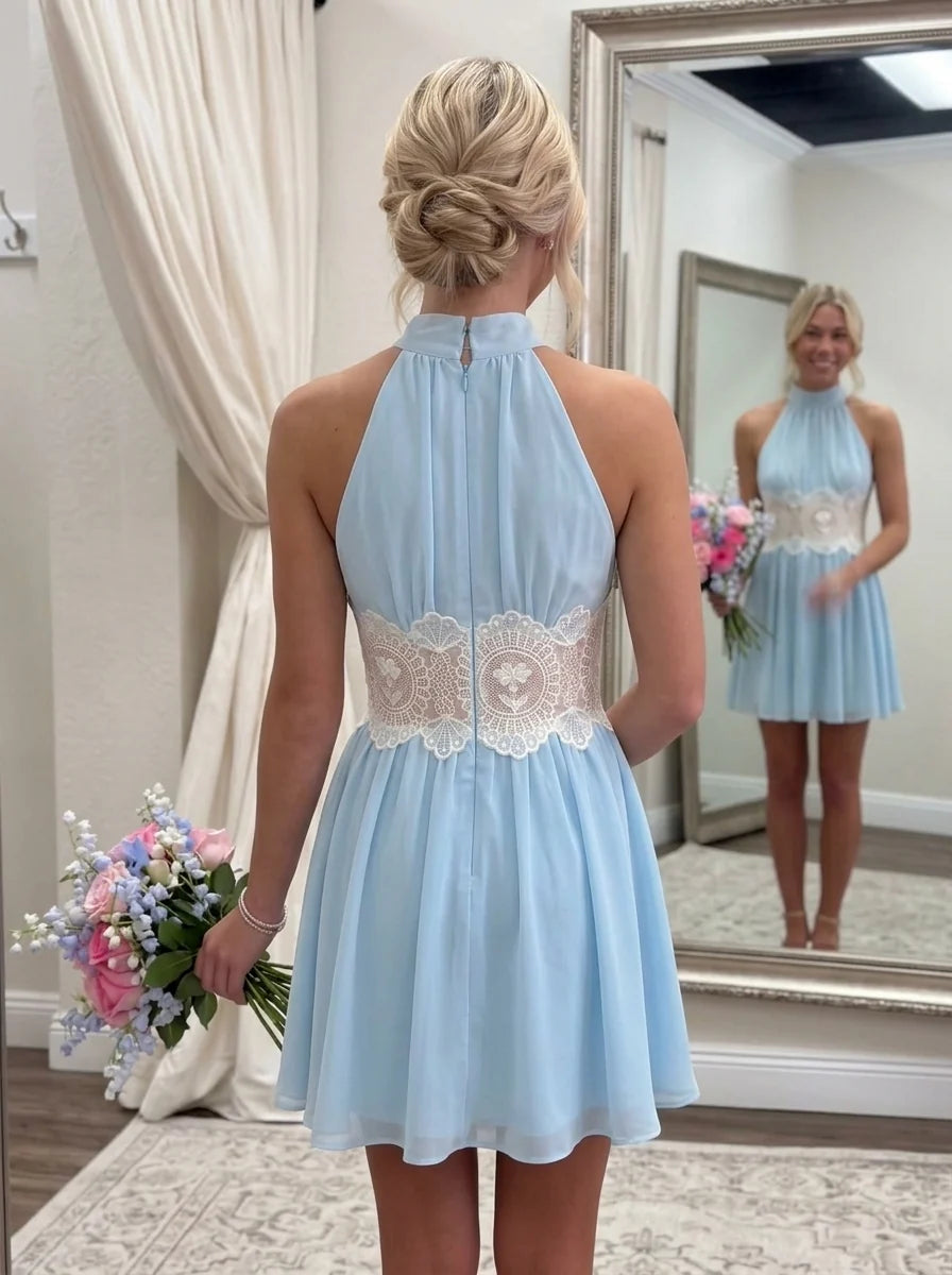 A-Line/Princess Halter Chiffon Homecoming Dresses Sleeveless Short/Mini Lace Floral