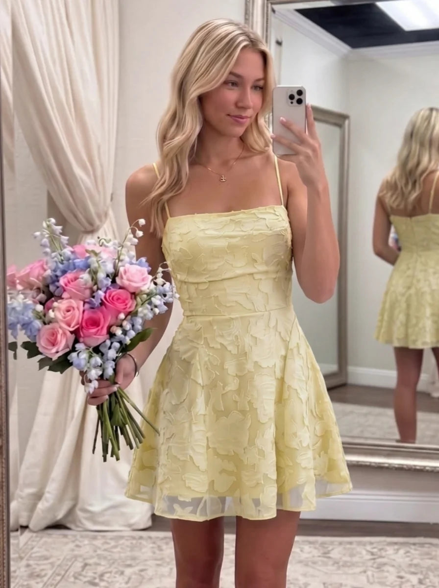 A-Line/Princess Spaghetti Straps Chiffon Homecoming Dresses Floral Sleeveless Short/Mini