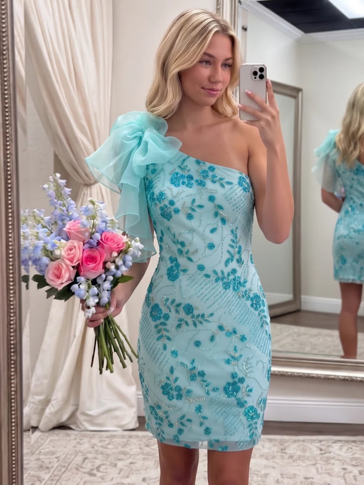 Sheath/Column One-Shoulder Sequins Homecoming Dresses Sleeveless Short/Mini Floral Ruffles