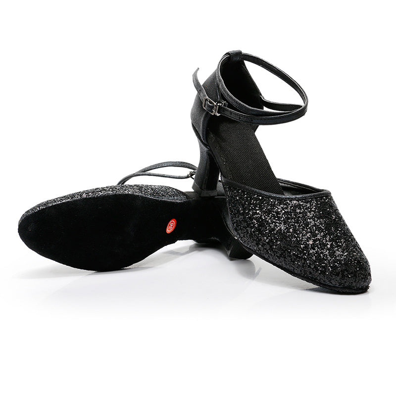 Women's Dancewear Shoes Ankle Strap Heel Round Toe Glitter Latin Shoes