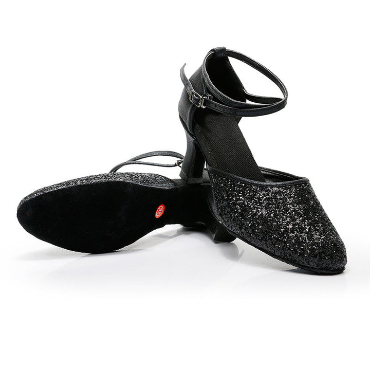 Women's Dancewear Shoes Ankle Strap Heel Round Toe Glitter Latin Shoes