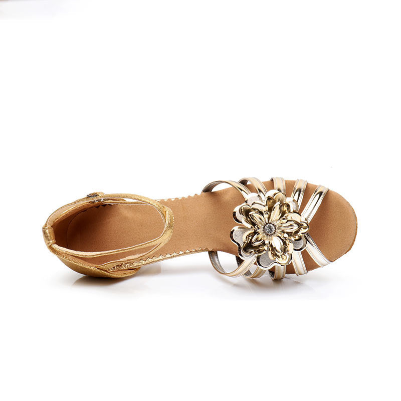 Women's Dancewear Shoes Flower Ankle Strap Low Heel Peep Toe Satin Latin Shoes