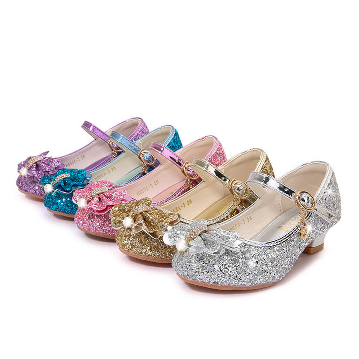 Girl's Sparkling Sequined Bow Block Round Toe Shoes with Pearl & Buckle