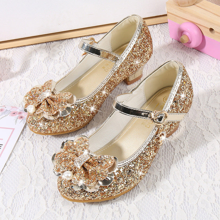 Girl's Sparkling Sequined Bow Block Round Toe Shoes with Pearl & Buckle