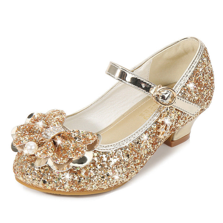 Girl's Sparkling Sequined Bow Block Round Toe Shoes with Pearl & Buckle