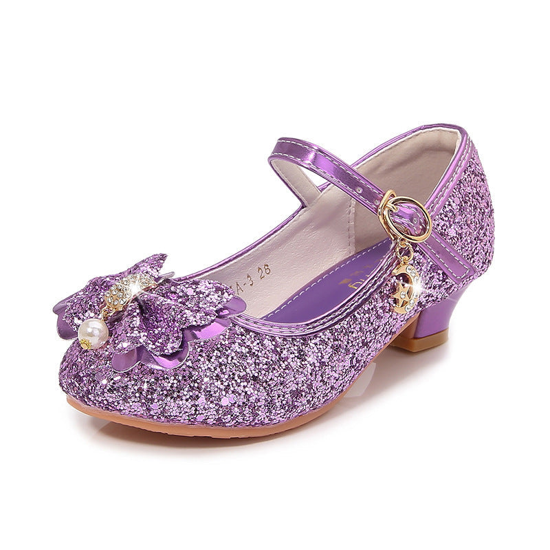 Girl's Sparkling Sequined Bow Block Round Toe Shoes with Pearl & Buckle