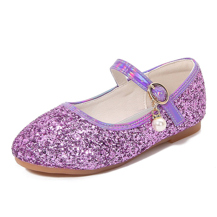 Sparkling Sequins Low Heel Round Toe Minimalist Girl's Shoes with Buckle & Pearl