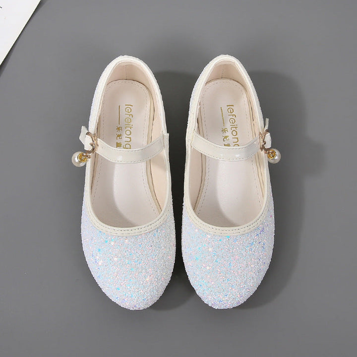 Sparkling Sequins Low Heel Round Toe Minimalist Girl's Shoes with Buckle & Pearl