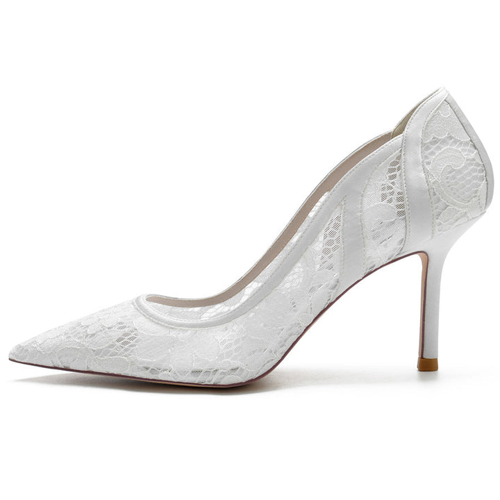 Women's Wedding Pointed Toe Minimalist Stiletto Heel Lace Bridal Shoes