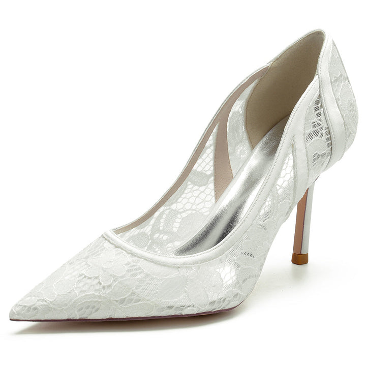 Women's Wedding Pointed Toe Minimalist Stiletto Heel Lace Bridal Shoes