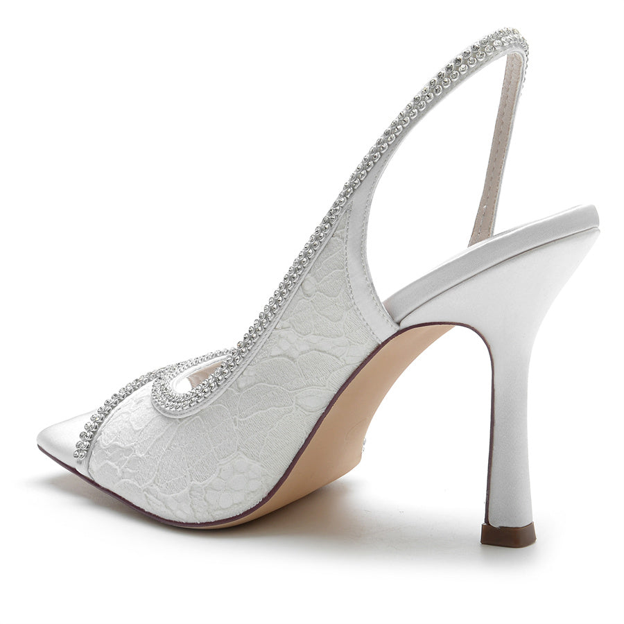 Women's Wedding Shoes Peep Toe High Heel Lace Bridal Shoes with Crystals
