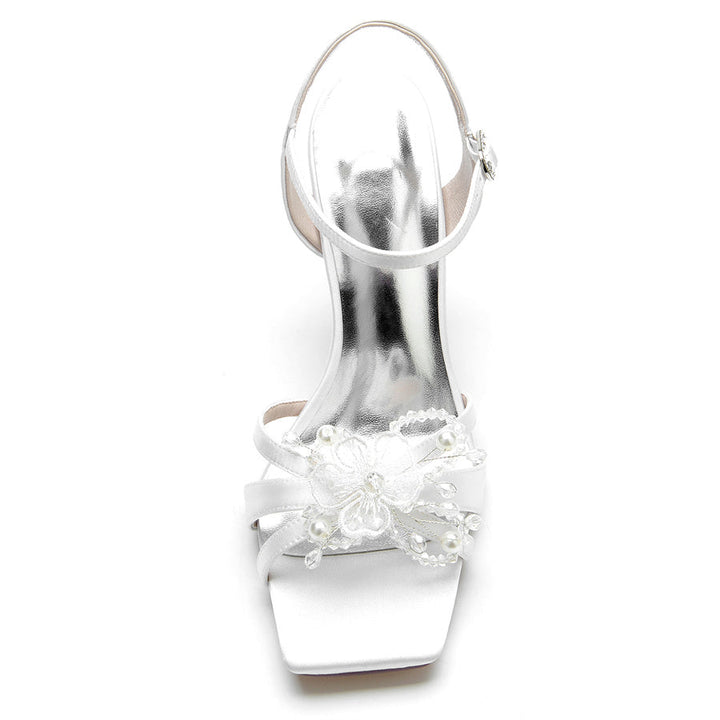 Women's Wedding Shoes Opened Toe High Heel Bridal Shoes with Pearls & Flowers
