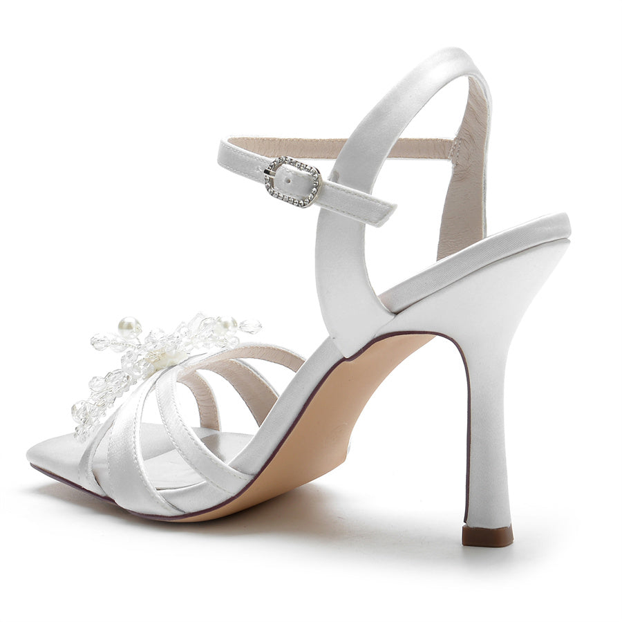 Women's Wedding Shoes Opened Toe High Heel Bridal Shoes with Pearls & Flowers