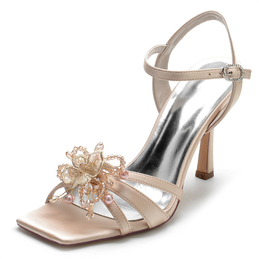 Women's Wedding Shoes Opened Toe High Heel Bridal Shoes with Pearls & Flowers
