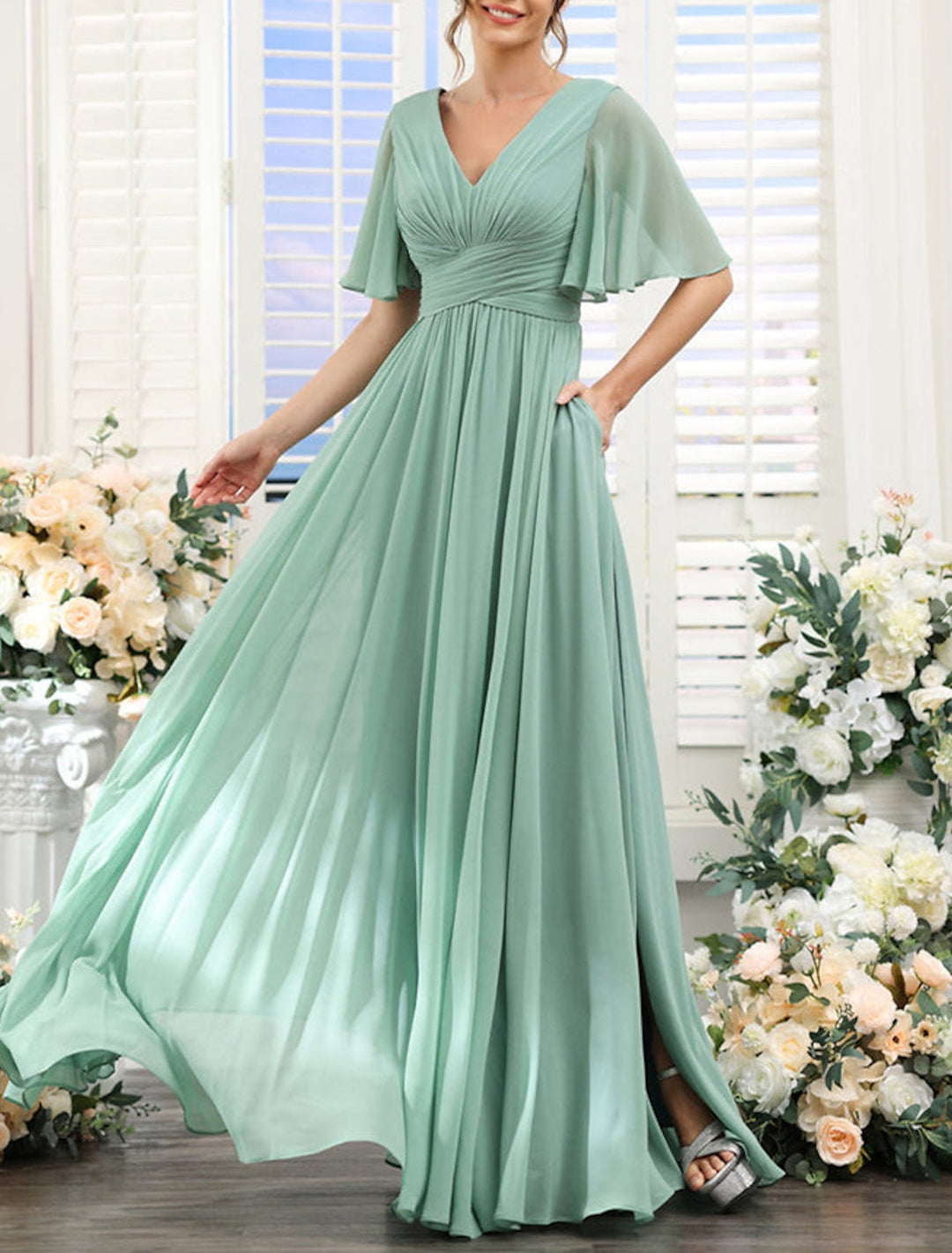 A-Line/Princess V Neck Short Sleeves Bridesmaid Dresses Wedding Guest Dresses