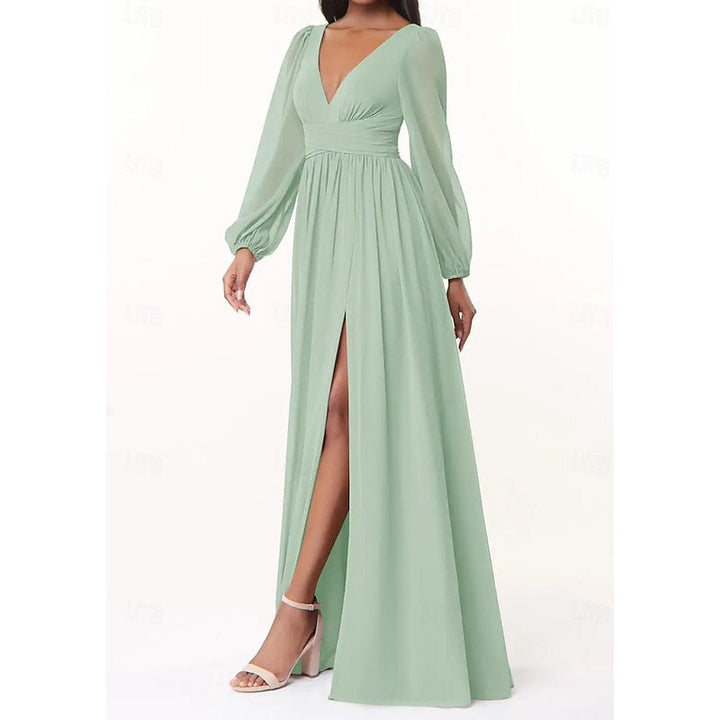 A-Line/Princess Plunging Neck Long Sleeves Bridesmaid Dresses Wedding Guest Dresses