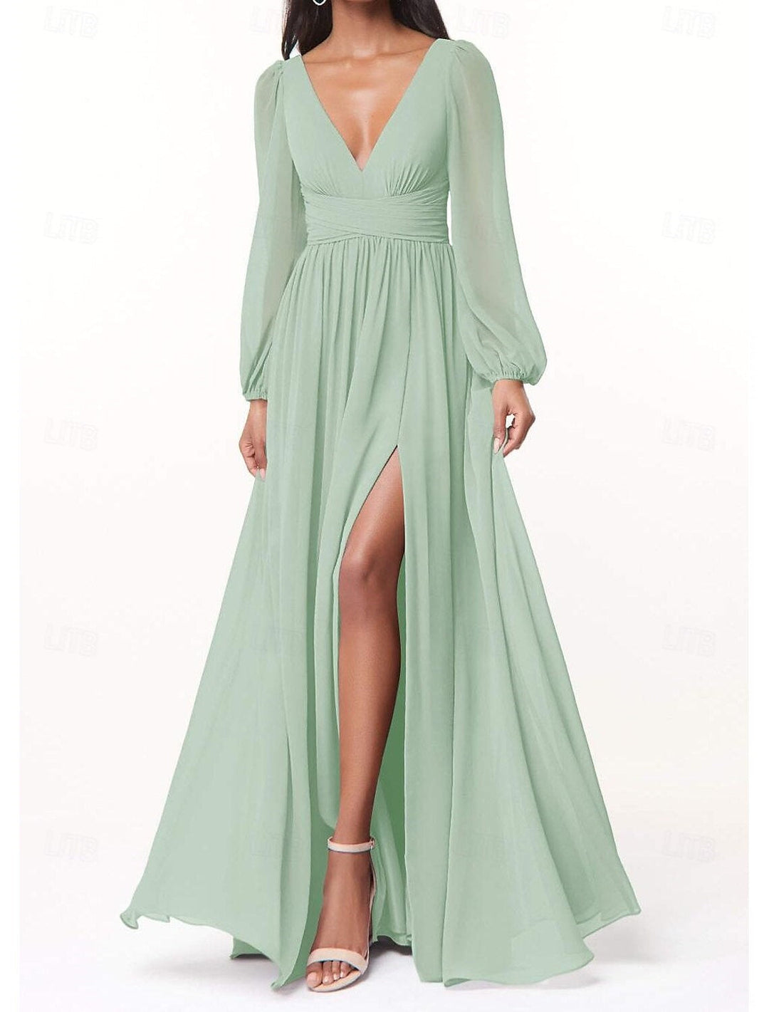 A-Line/Princess Plunging Neck Long Sleeves Bridesmaid Dresses Wedding - Mondressy UK A-Line/Princess Plunging Neck Long Sleeves Bridesmaid Dresses Wedding - Mondressy UK
