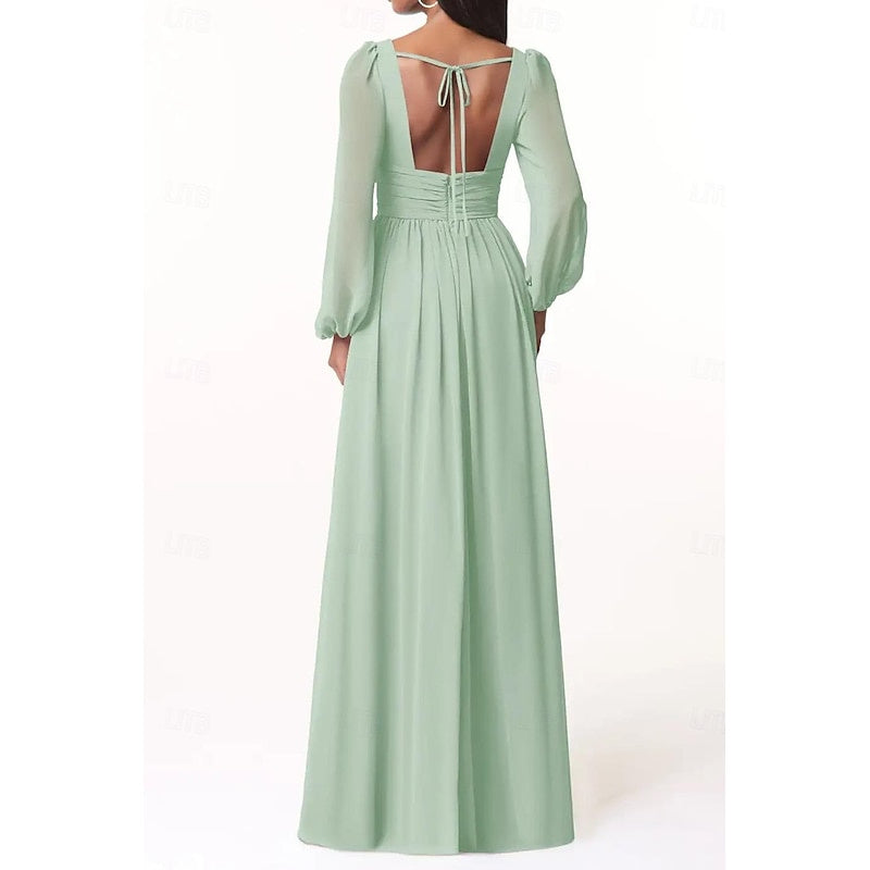 A-Line/Princess Plunging Neck Long Sleeves Bridesmaid Dresses Wedding Guest Dresses