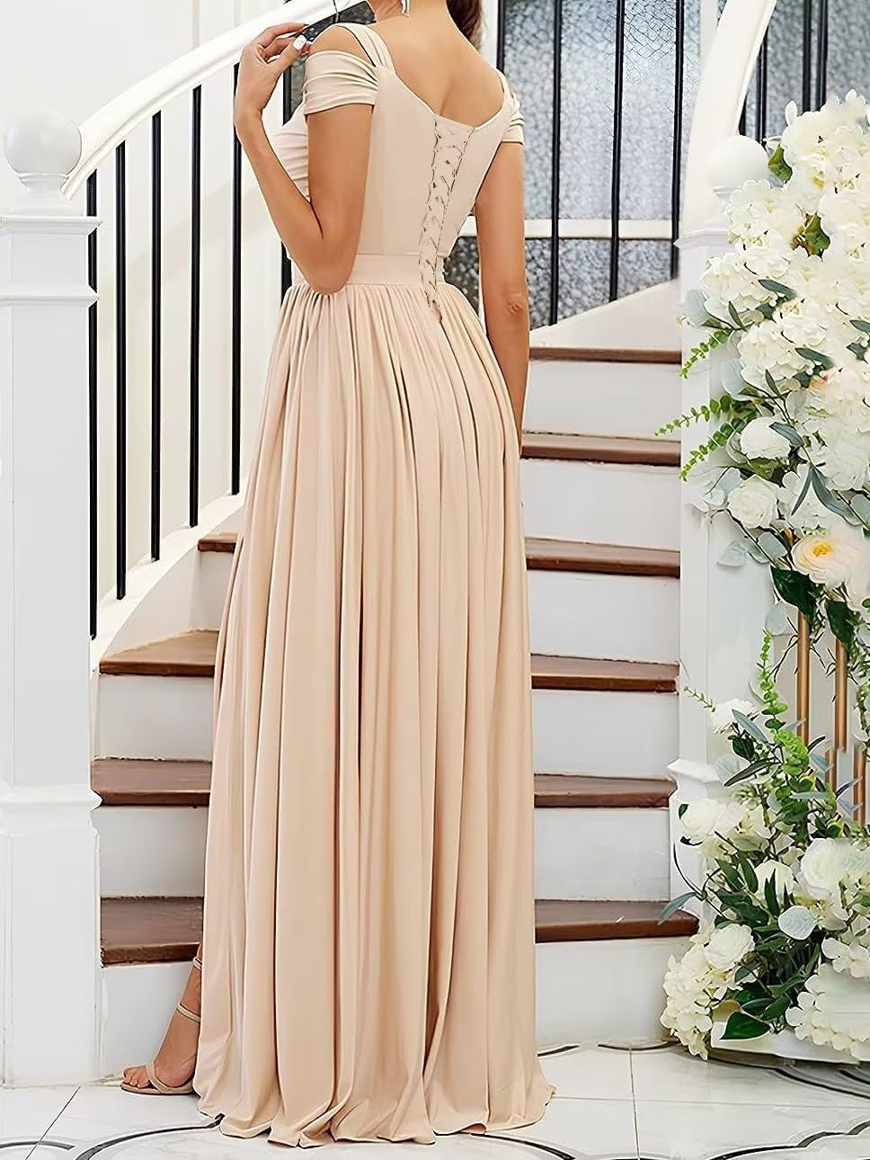 A Line/Princess Off-the-Shoulder Floor-Length Bridesmaid Dresses with Slit