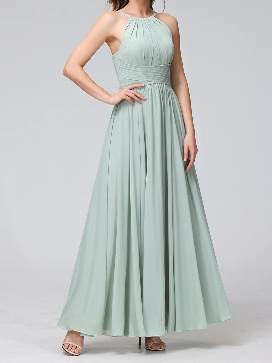 A Line/Princess Spaghetti Straps Halter Sleeveless Floor-Length Bridesmaid Dresses