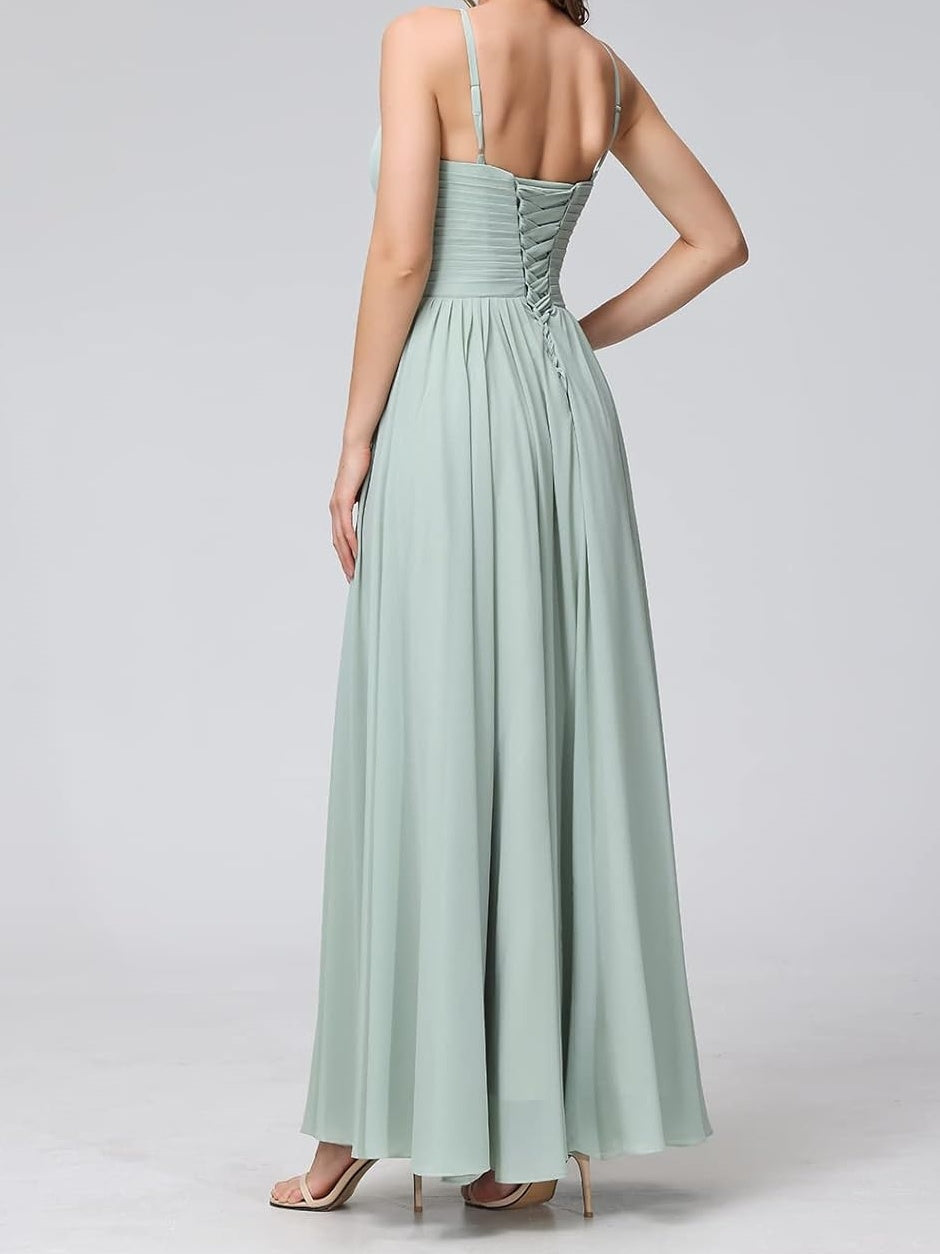 A Line/Princess Spaghetti Straps Halter Sleeveless Floor-Length Bridesmaid Dresses