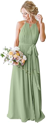 A Line/Princess Halter Sleeveless Spaghetti Floor-Length Bridesmaid Dresses with Pockets