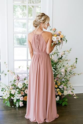 A Line/Princess Halter Sleeveless Spaghetti Floor-Length Bridesmaid Dresses with Pockets