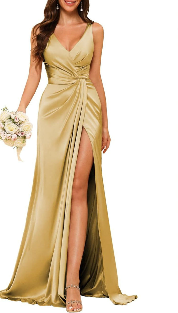 A Line/Princess V Neck Sleeveless Floor-Length Bridesmaid Dresses with Split