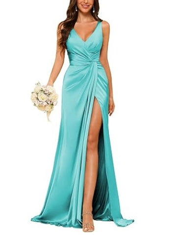 Sheath V-Neck Sleeveless Floor-Length Bridesmaid Dress with Ruched