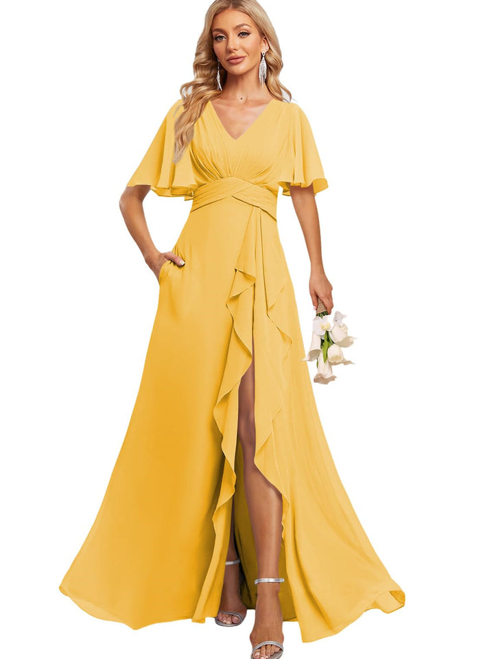 A Line V Neck Flutter Sleeve Floor Length  Bridesmaid Dresses with Pockets  with Slit Ruffles