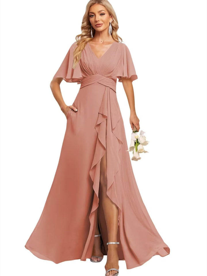 A Line V Neck Flutter Sleeve Floor Length  Bridesmaid Dresses with Pockets  with Slit Ruffles