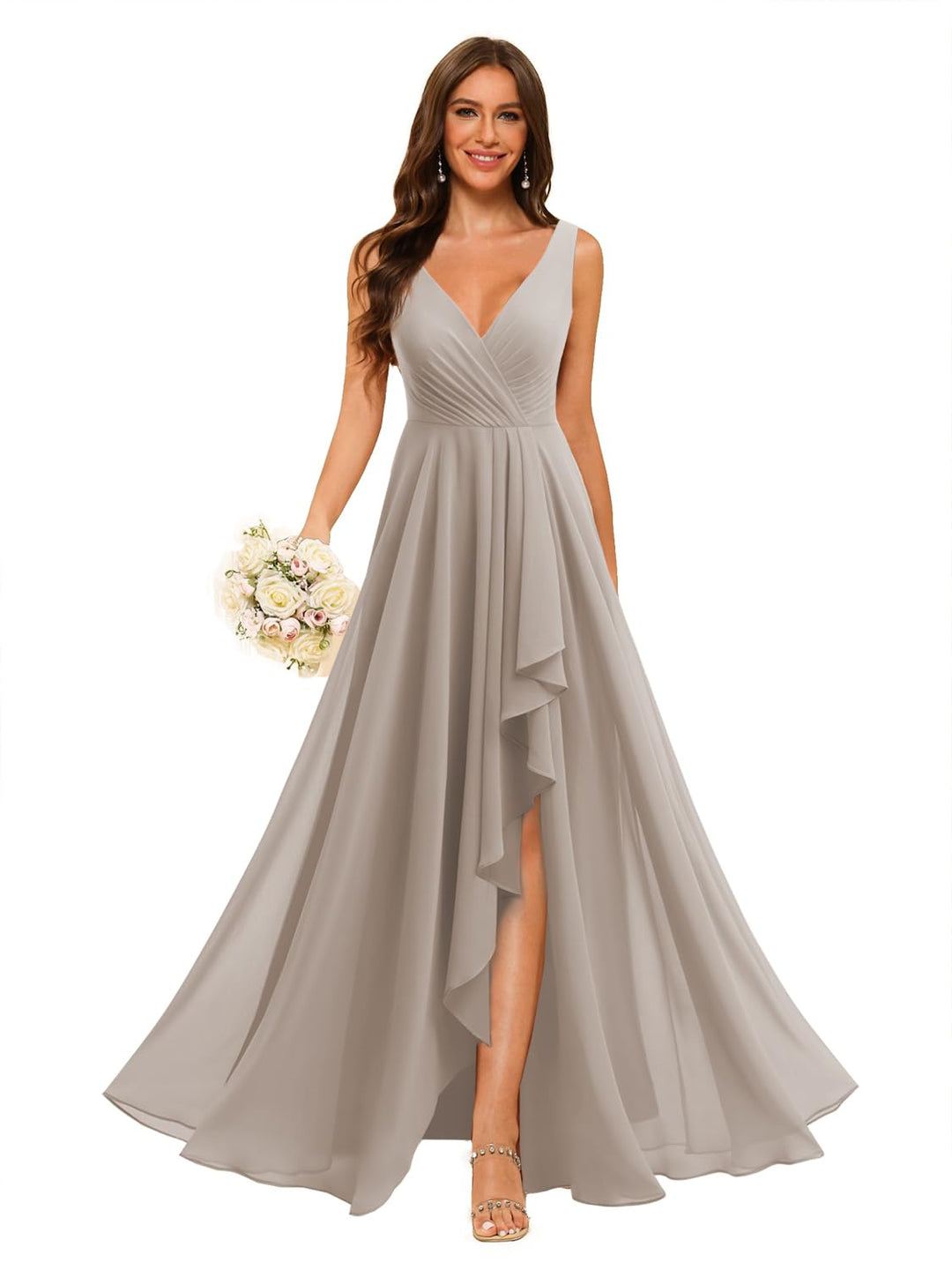 A-Line/Princess  V Neck Sleeveless Floor Length  Bridesmaid Dresses Chiffon with Slit Pockets