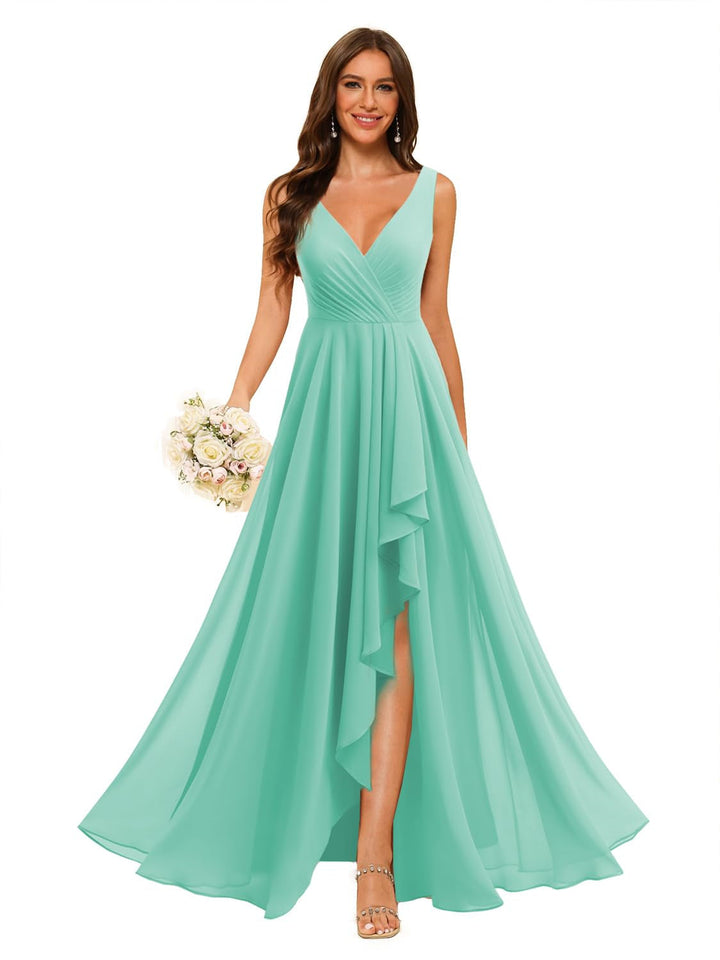 A-Line/Princess  V Neck Sleeveless Floor Length  Bridesmaid Dresses Chiffon with Slit Pockets